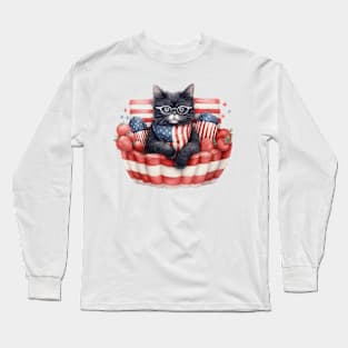 Patriotic Black Cat, 4th of July Design Long Sleeve T-Shirt